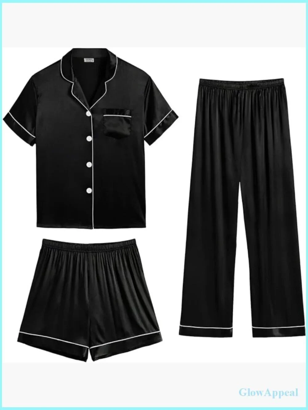 3pc Silk Satin Pajama Set Button Down Short Sleeve Loungewear XS-XXL